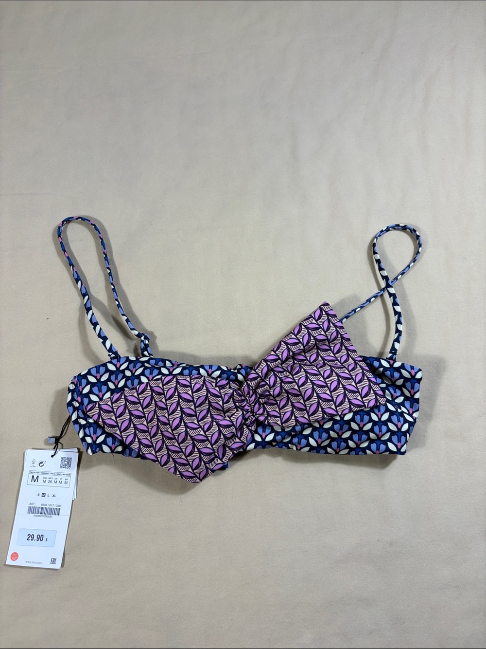 Zara Geometric Print Bow Front Bikini Top Blue Purple Size M NWT
